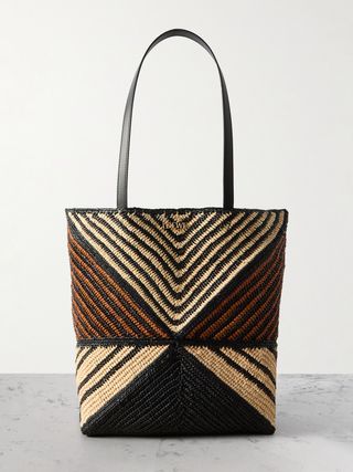 + Paula's Ibiza Puzzle Fold Medium Convertible Leather-Trimmed Striped Raffia Tote