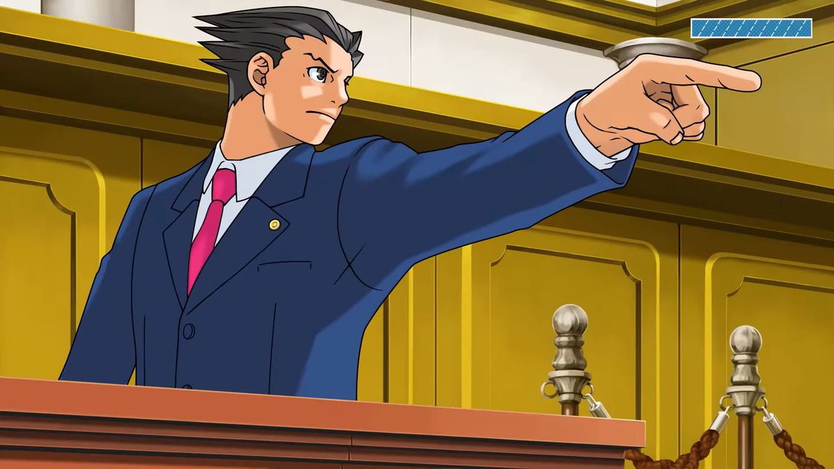 An image of character Phoenix Wright in the courtroom. He is adopting his signature, raised finger &quot;Objection!&quot; pose.