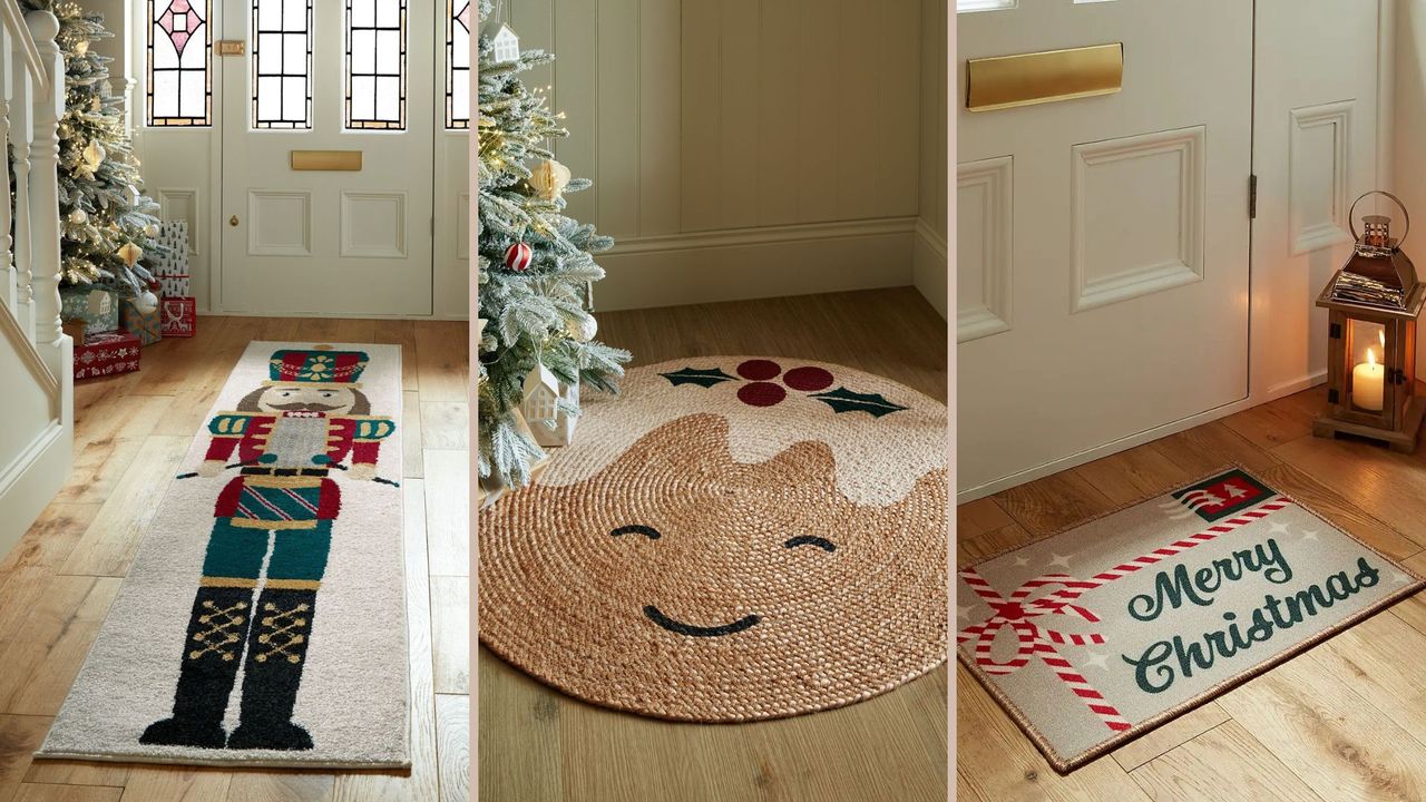 Dunelm Christmas doormats runners and rugs in a hallway with wooden floors and a white front door