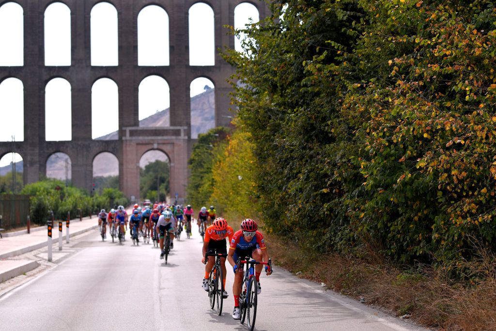MADDALONI ITALY SEPTEMBER 17 Ane Santesteban Gonzalez of Spain and Ceratizit WNT Pro Cycling Team Sofia Bertizzolo of Italy and Team CCC Liv Peloton Viaduct during the 31st Giro dItalia Internazionale Femminile 2020 Stage 7 a 1125km stage from Nola to Maddaloni GiroRosaIccrea GiroRosa on September 17 2020 in Maddaloni Italy Photo by Luc ClaessenGetty Images