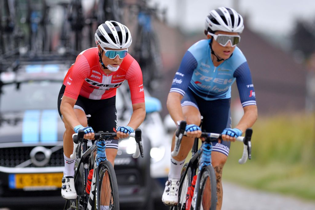 GALMAARDEN BELGIUM JUNE 24 Amalie Dideriksen of Denmark Audrey Cordon Ragot of France and Team Trek Segafredo during the 9th Lotto Belgium Tour 2021 Stage 2 a 1375km stage from Galmaarden to Galmaarden Injury Cobblestones LottoBelgTour LottoBelgiumTour on June 24 2021 in Galmaarden Belgium Photo by Luc ClaessenGetty Images