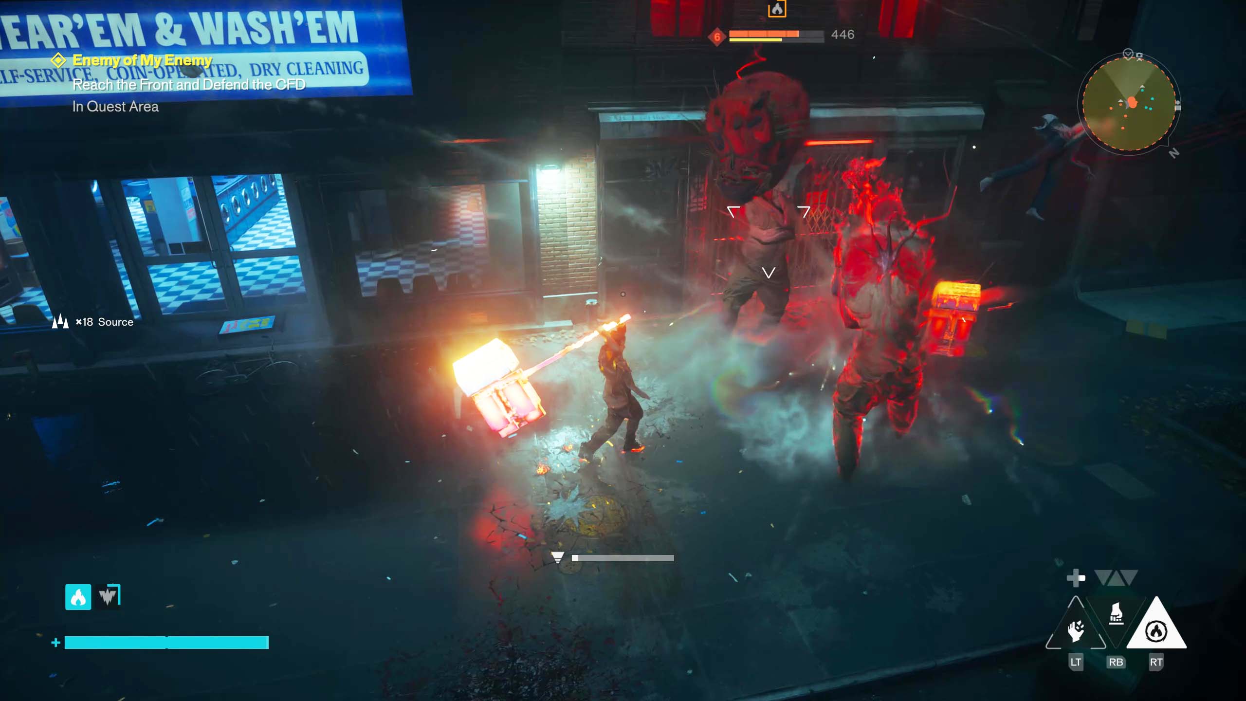 Dylan charges his hammer attack with flames as he fights Hiss near a landromat in Control Resonant