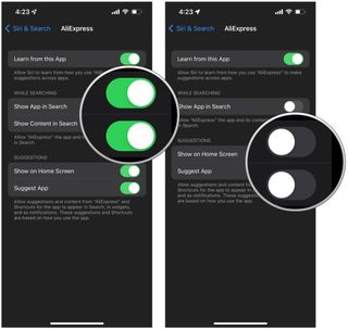 How to hide apps from iOS search on iPhone by showing: Tap the toggles for Showing app/content in Search, Suggest App, and Show on Home Screen to OFF