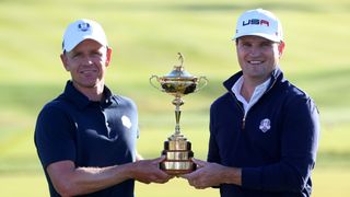  Team captains Luke Donald of England and Zach Johnson of United States pose for a photograph with the Ryder Cup during the Ryder Cup 2023 Year 