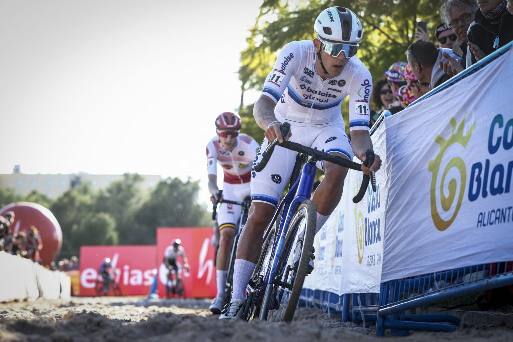 Belgian Thibau Nys followed by Belgian Michael Vanthourenhout during the men's elite race at the cyclocross cycling event in Benidorm, Spain, Sunday 19 January 2025, stage 12/14 in the UCI World Cup competition. BELGA PHOTO DAVID PINTENS (Photo by DAVID PINTENS / BELGA MAG / Belga via AFP)