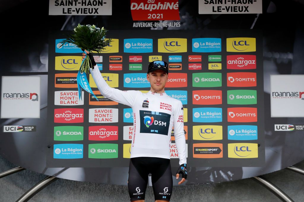 SAINT HAON LE VIEUXON FRANCE JUNE 01 Ilan Van Wilder of Belgium and Team DSM white best young jersey celebrates at podium during the 73rd Critrium du Dauphin 2021 Stage 3 a 1722km stage from Langeac to Saint Haon Le Vieuxon UCIworldtour Dauphin dauphine June 01 2021 in Saint Haon Le Vieuxon France Photo by Bas CzerwinskiGetty Images