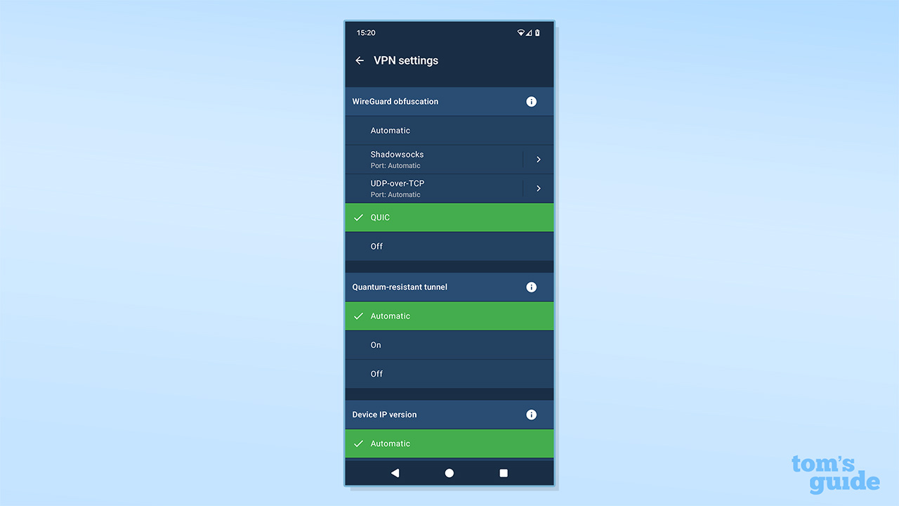 Screenshot of Mullvad QUIC settings in its mobile app