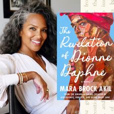 A split image of Mara Brock Akil's headshot and the cover art for her debut novel 'The Revelations of Dionne Daphne.' The cover art is imposed on a background of horizontal typed text.