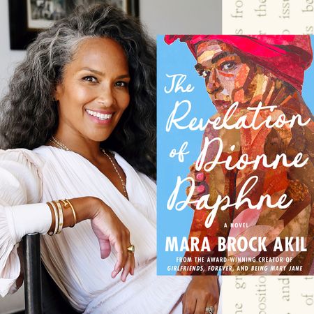 A split image of Mara Brock Akil's headshot and the cover art for her debut novel 'The Revelations of Dionne Daphne.' The cover art is imposed on a background of horizontal typed text.