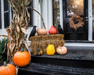 halloween porch decor with dried corn wheat and hay and pumpkins