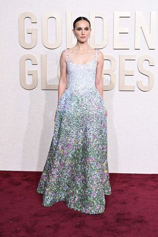 Natalie Portman on the Golden Globes 2024 red carpet