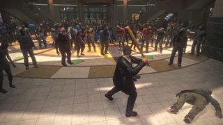 Dead Rising protagonist Frank West fighting a horde of zombies using a baseball bat