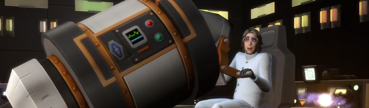 A Sim dressed as a scientist sitting in a giant telescope. They look a little apprehensive, but excited while holding the controls for it.