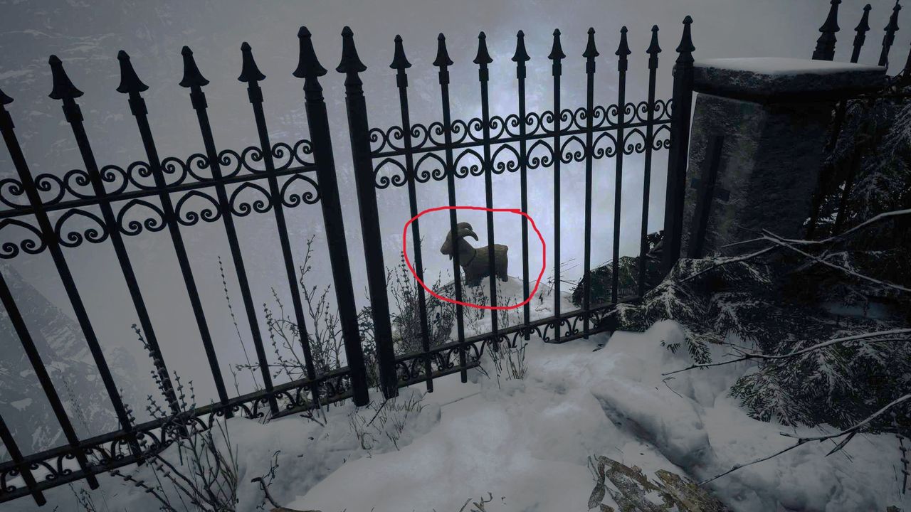 Edited in-game screenshot of a Goat of Warding in Resident Evil Village