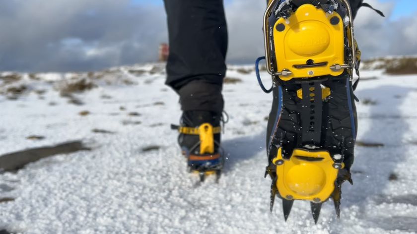 wearing crampons in winter