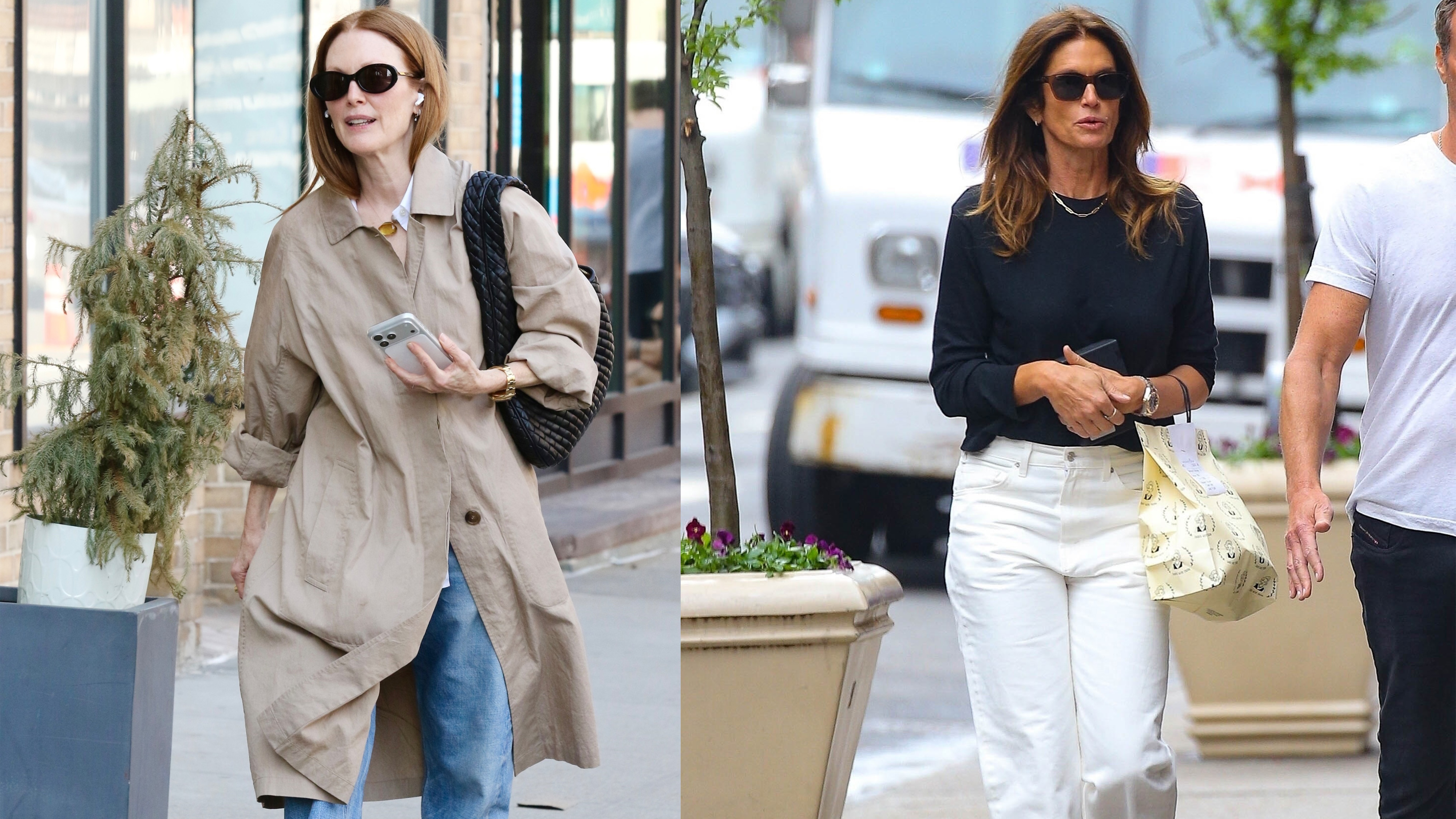 Julianne moore wears a trench coat and jeans; cindy crawford wears a sweater and jeans.