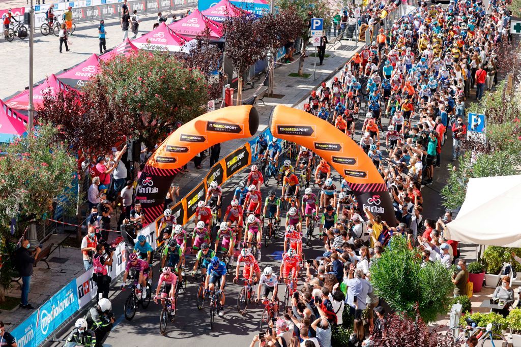 The riders arrive for the start of stage 8 at the Giro d'Italia