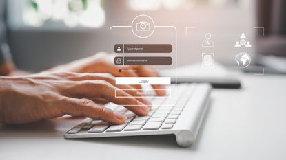 Password security concept image showing person typing on keyboard with digitized password entry screen.