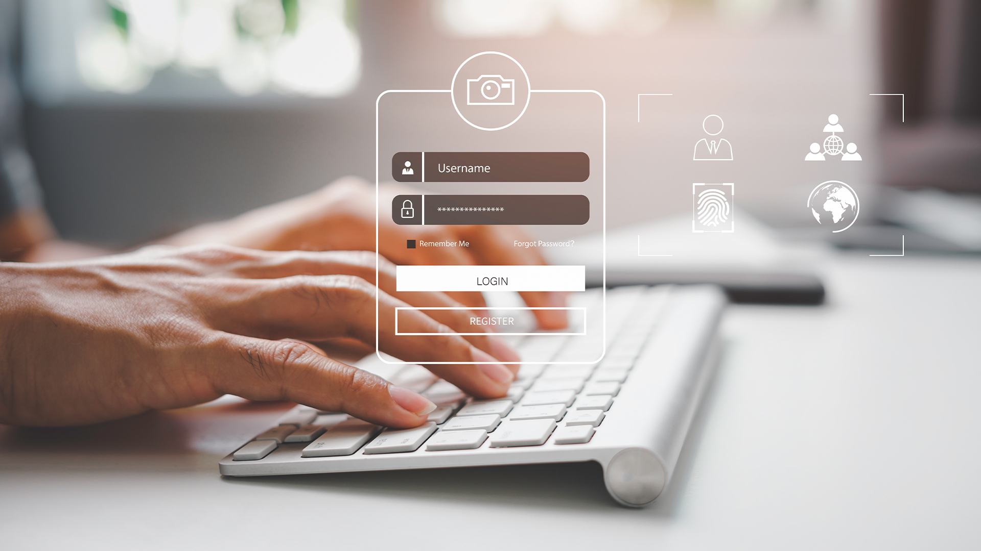 Password security concept image showing person typing on keyboard with digitized password entry screen. 