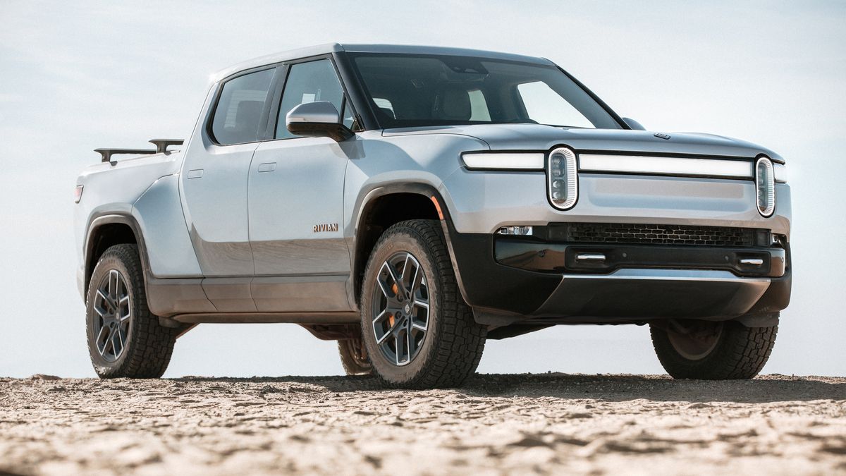 A silver Rivian R1T electric truck