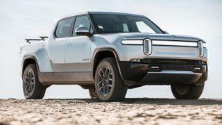 A silver Rivian R1T electric truck