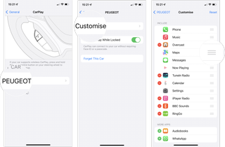 Rearrange CarPlay apps: Tap your car's name, tap customize, tap and hold on the reorder button (three lines) in order to drag and drop the app into its new position