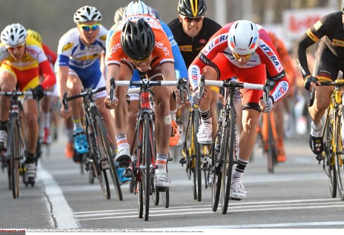 Victory at Le Samyn came down to a bike throw, with Maxime Vantomme (Roubaix Lille Metropole), left, winning by a whisker ahead of runner-up Alexey Tsatevich (Katusha)