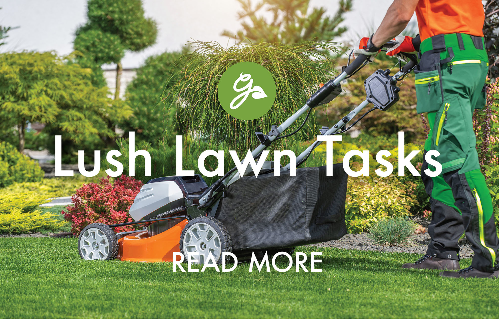 Read more about lawn care in May. Image shows gardener mowing the lawn
