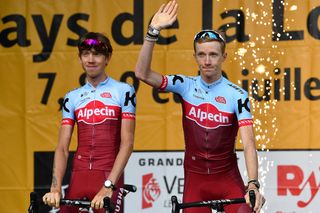 Ilnur Zakarin and Ian Boswell greet the crowd at the 2018 Tour de France team presentation