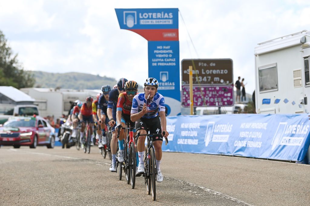 LACRUZDELINARES SPAIN SEPTEMBER 14 Remco Evenepoel of Belgium and Team Soudal Quick Step Polka dot Mountain Jersey competes in the breakaway climbing to the Puerto de San Lorenzo 1347m during the 78th Tour of Spain 2023 Stage 18 a 1789km stage from Pola de Allande to La Cruz de Linares 840m UCIWT on September 14 2023 in La Cruz de Linares Spain Photo by Tim de WaeleGetty Images