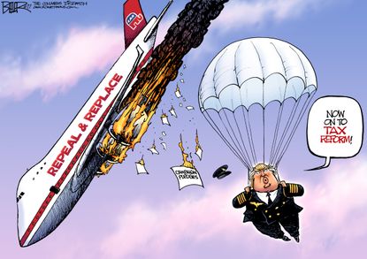 Political Cartoon U.S. President Trump bails on Obamacare repeal tax reform