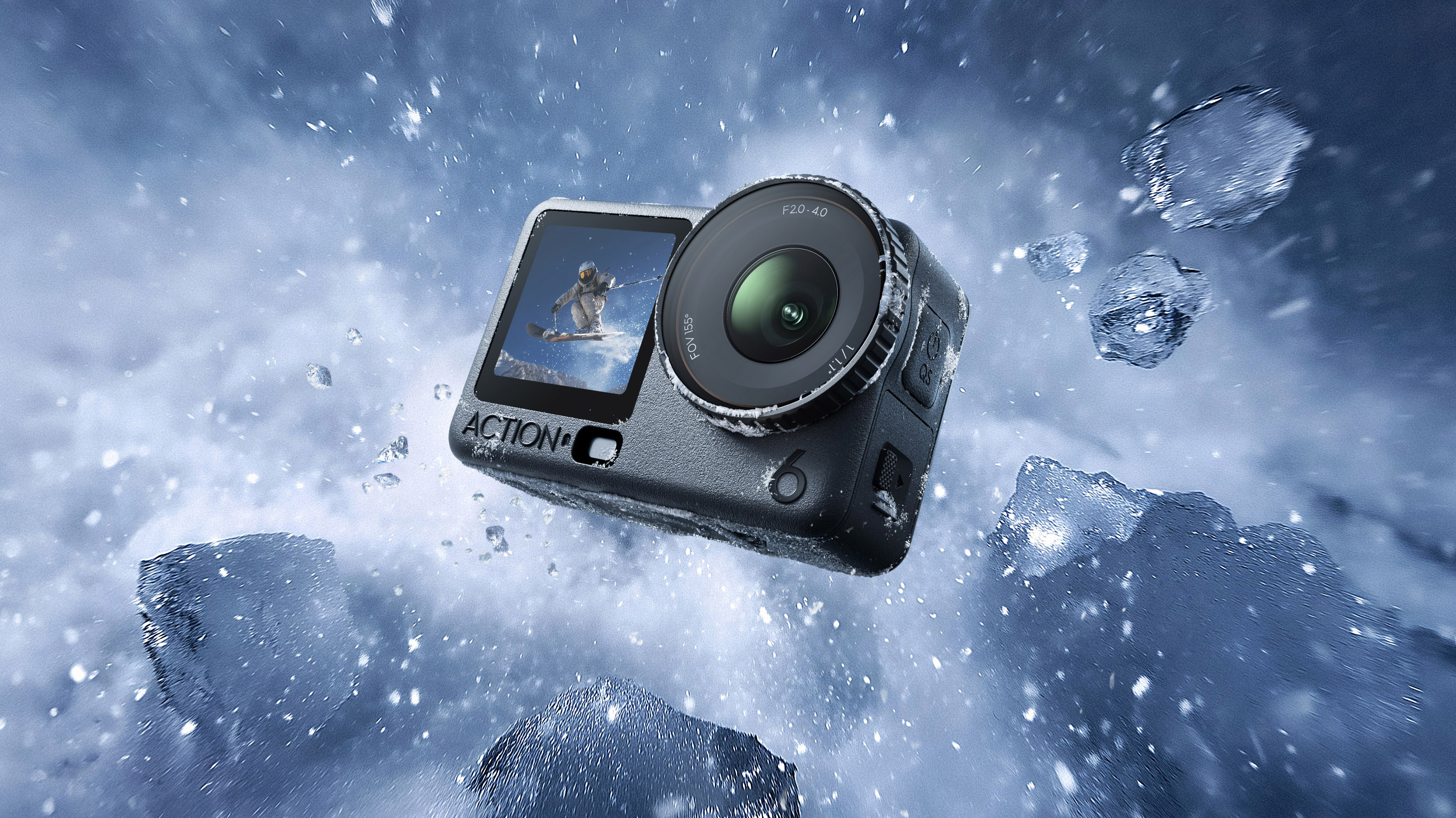 DJI Osmo Action 6 camera bursting from water and ice