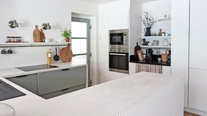 microcement kitchen cabinets in modern white kitchen