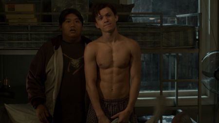 Shirtless Peter Parker with Ned in Spider-Man: Homecoming