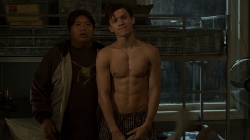 Shirtless Peter Parker with Ned in Spider-Man: Homecoming