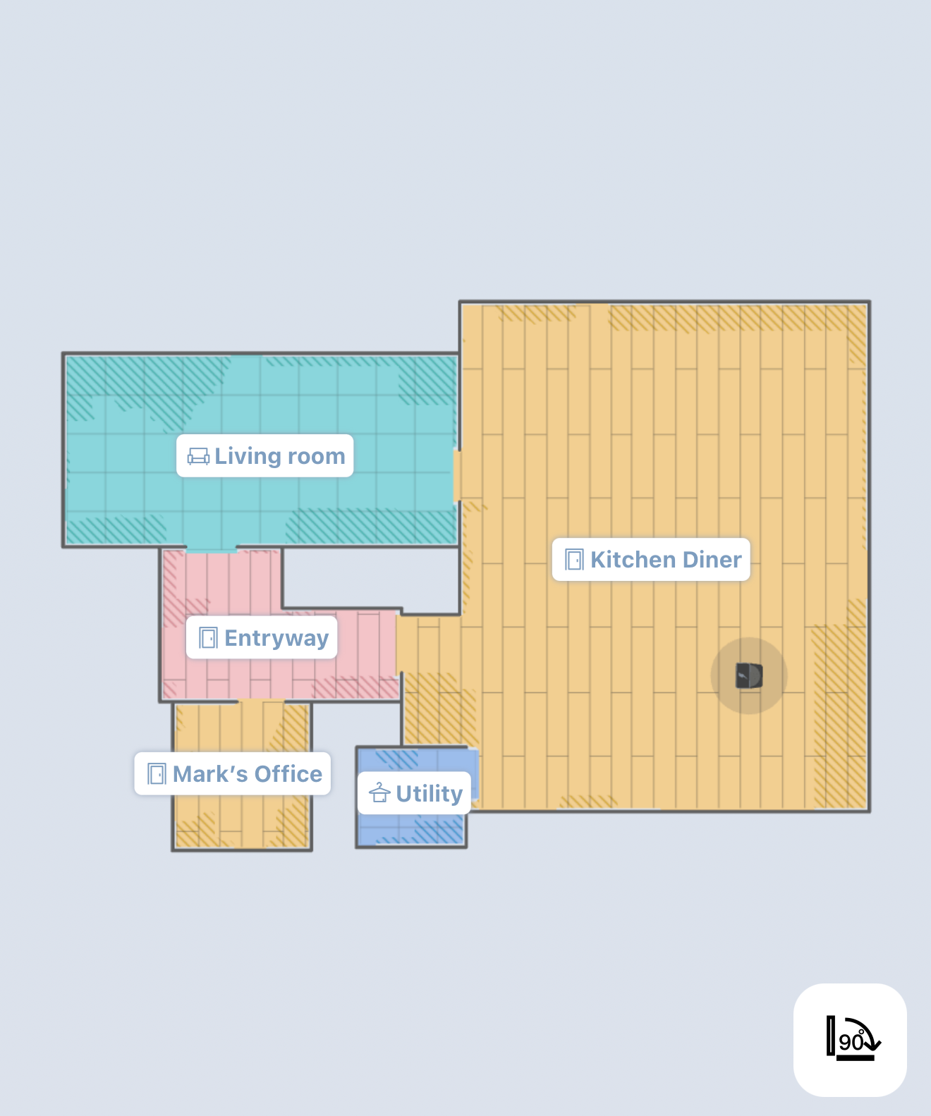 Ecovacs Home app displaying a floor map with rooms, furniture and cleaning zones for the Deebot T50 Pro Omni.