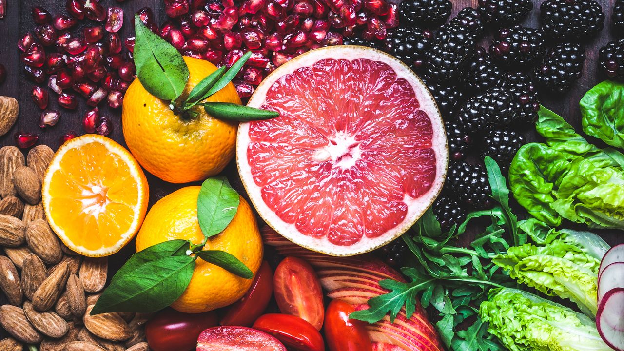 A spread of colourful fruit and vegetables