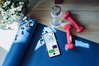 A yoga mat with a pair of dumbbells, a water bottle, and a smart phone displaying a fitness app.