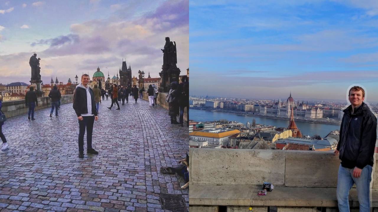 Two images side by side: left is Tom Perry in Prague, right is Tom Perry in Budapest