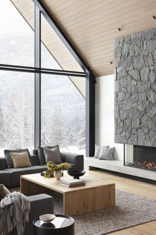 chalet interior with shades of grey across different parts of the living space