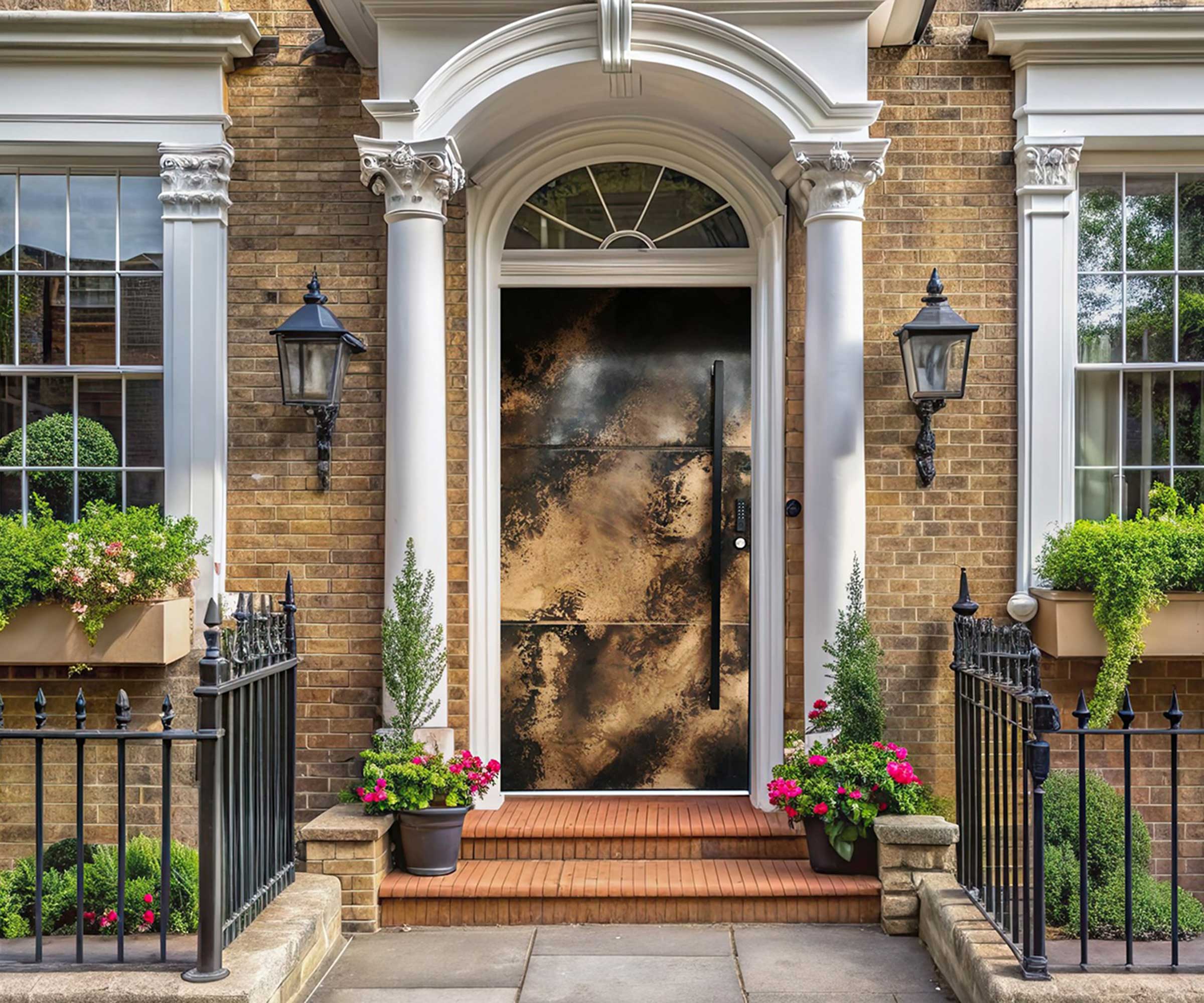 traditional home with a contemporary metal-effect front door and wall lights either side of the door