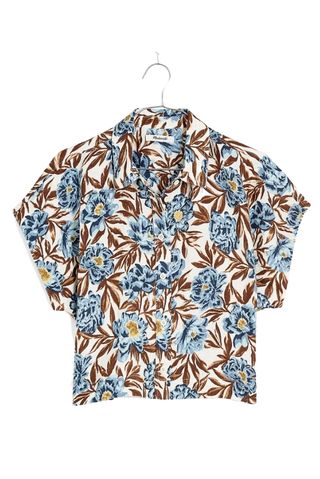 Floral Short Sleeve Linen Crop Button-Up Shirt