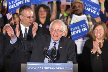 Bernie Sanders speaks at his primary night rally Tuesday, Feb. 9, 2016, in Concord, N.H. 