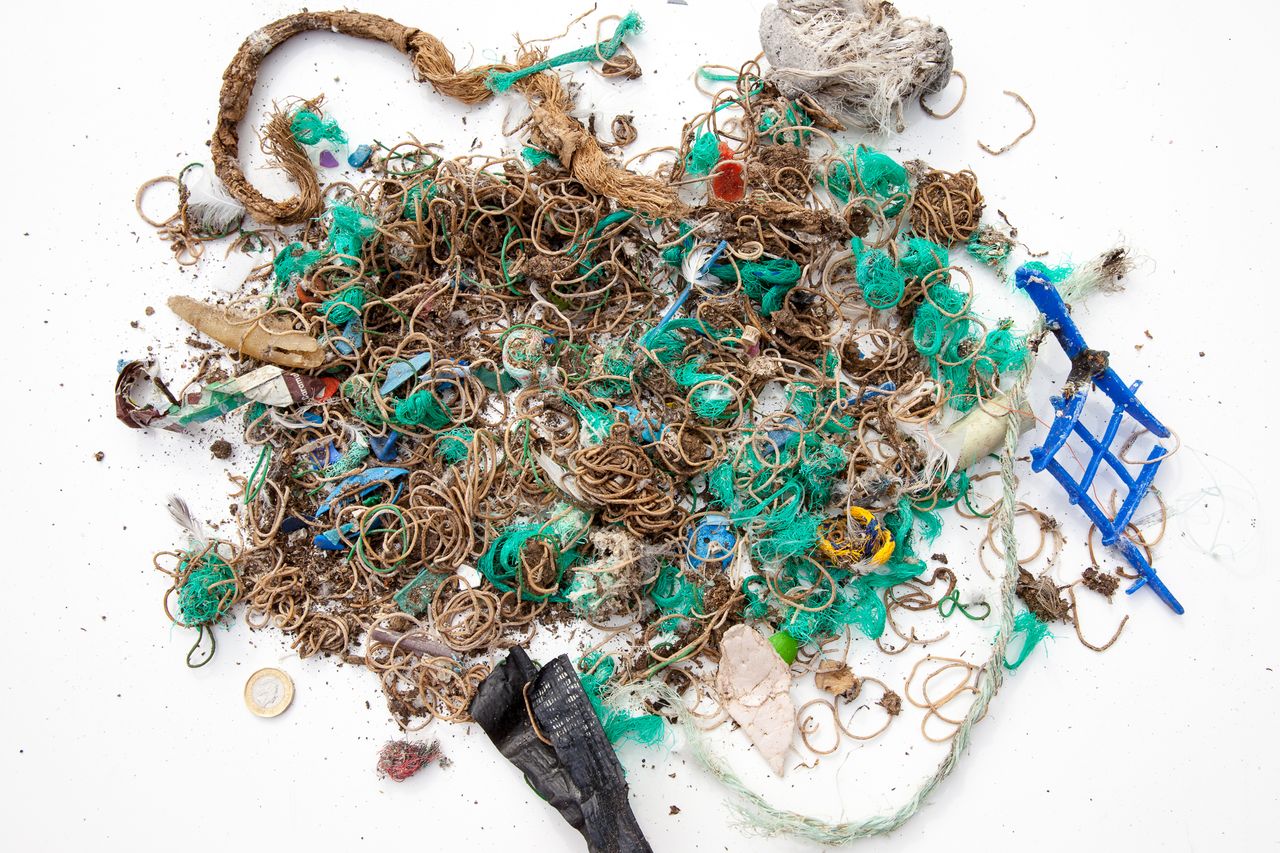 Elastic bands and fishing waste collected from Mullion Island. Copyright National Trust Seth Jackson