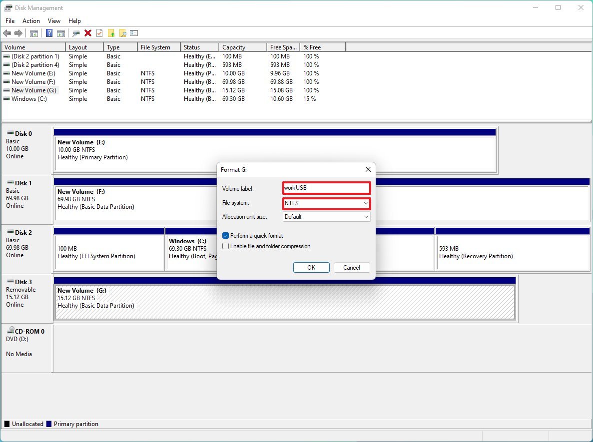 Disk Management format USB drive volume