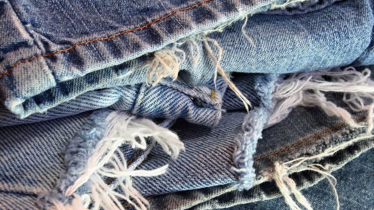 Denim, Textile, Close-up, Thread, Wool, Fiber, Natural material, Stitch, Knot, Woven fabric, 