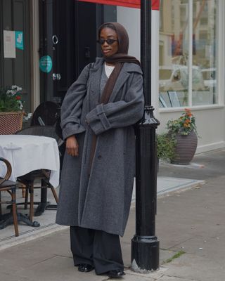 Winter outfit trends: @_livmadeline wears an oversized grey coat