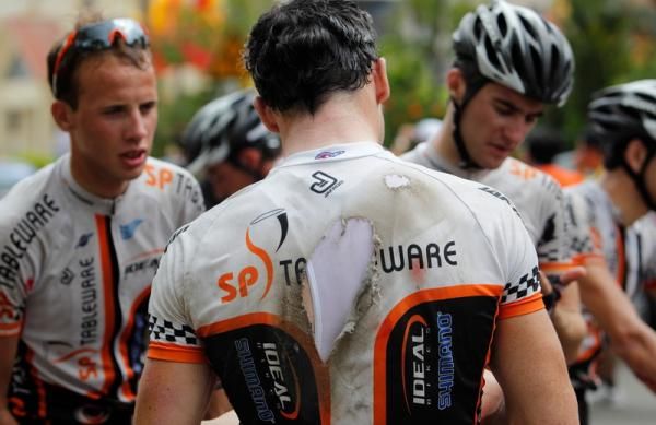 A crash took out several riders.
