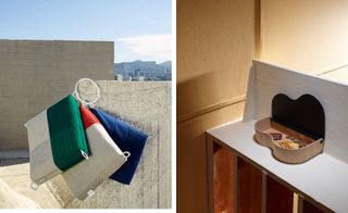 Left: a set of cushions by Roosa Ryhänen. Right: Anthony Guex nods to the shape of the Cité Radieuse's iconic chimney with this 'Cheminee' storage unit