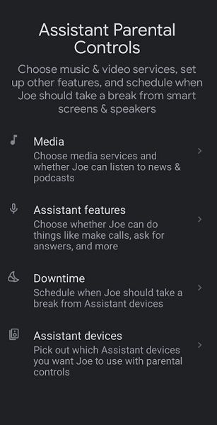 Google Assistant's new parental controls menu.